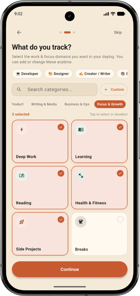 DayLog Category Tracking Screen