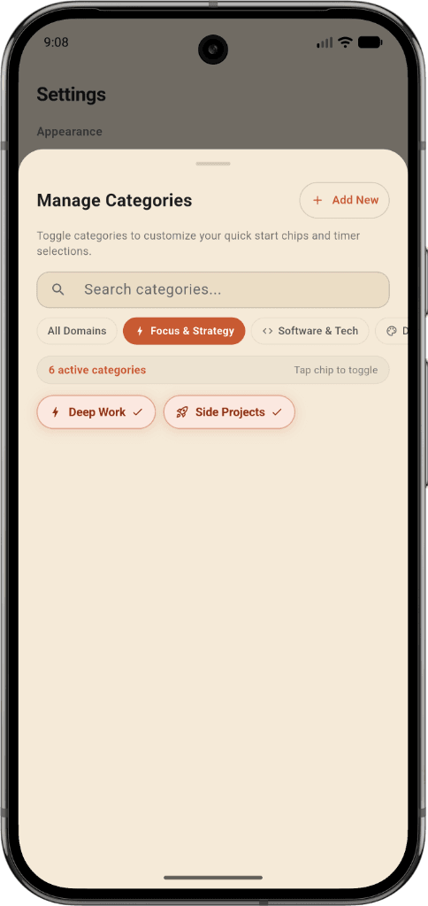 DayLog Manage Categories Screen